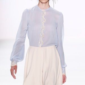 Lana Mueller Sky Blue Blouse with Lace Down Front and on Cuffs Size 4